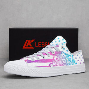 Cyan & Pink Mandala Star Print White Canvas Low‑Top Sneakers 1