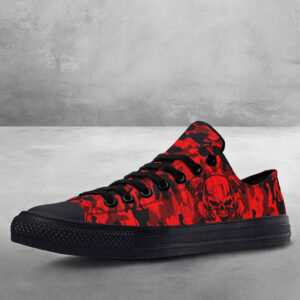 Red Camo Skull Print Black Canvas Low‑Top Sneakers 1