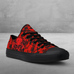 Red Camo Skull Print Black Canvas Low‑Top Sneakers 2