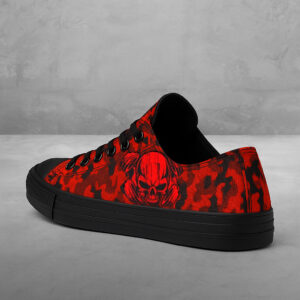 Red Camo Skull Print Black Canvas Low‑Top Sneakers 3