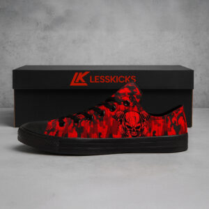 Red Camo Skull Print Black Canvas Low‑Top Sneakers 4