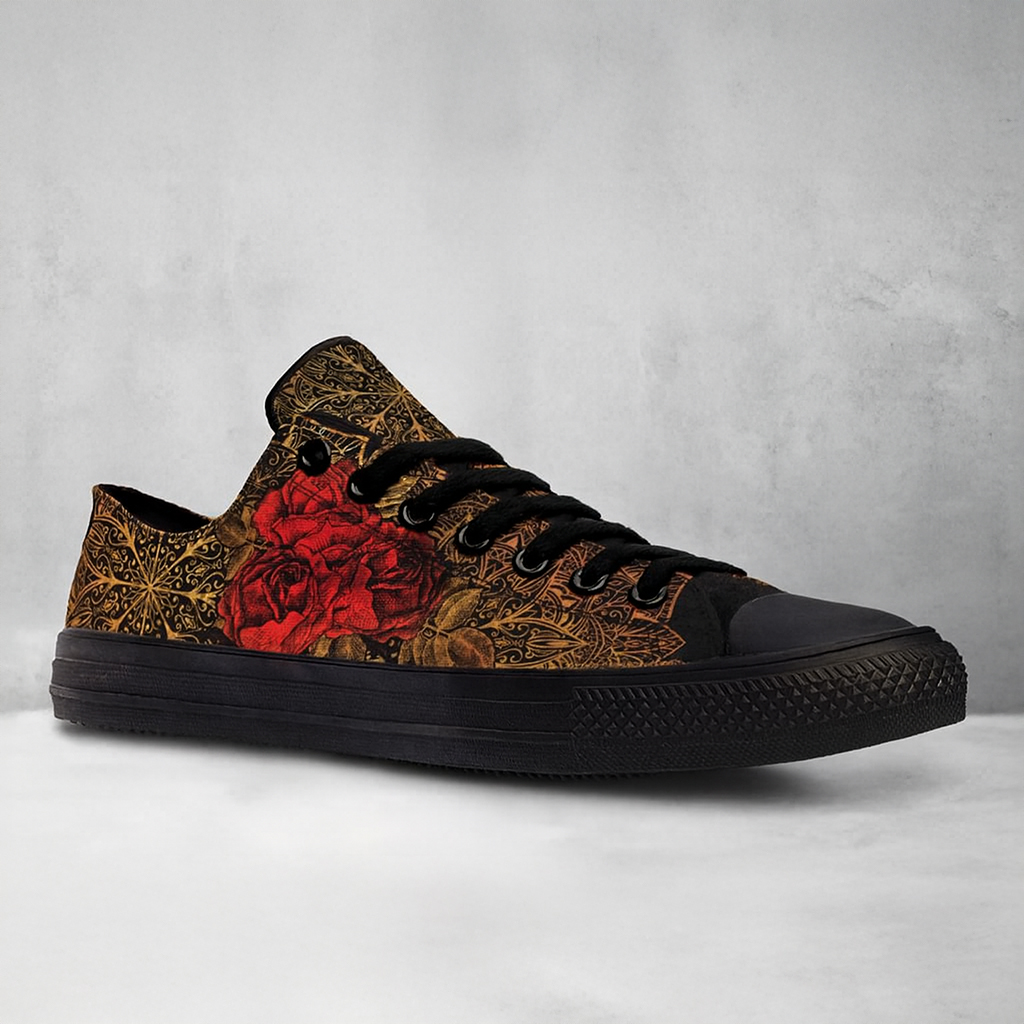 Rose & Gold Mandala Print Black Canvas Low‑Top Sneakers 1